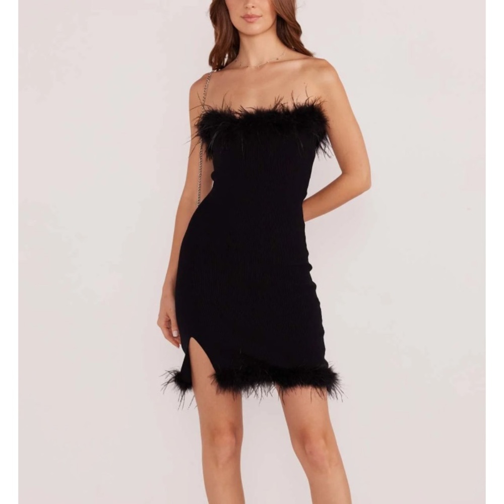 NWT!! MINKPINK aster feather trim dress black